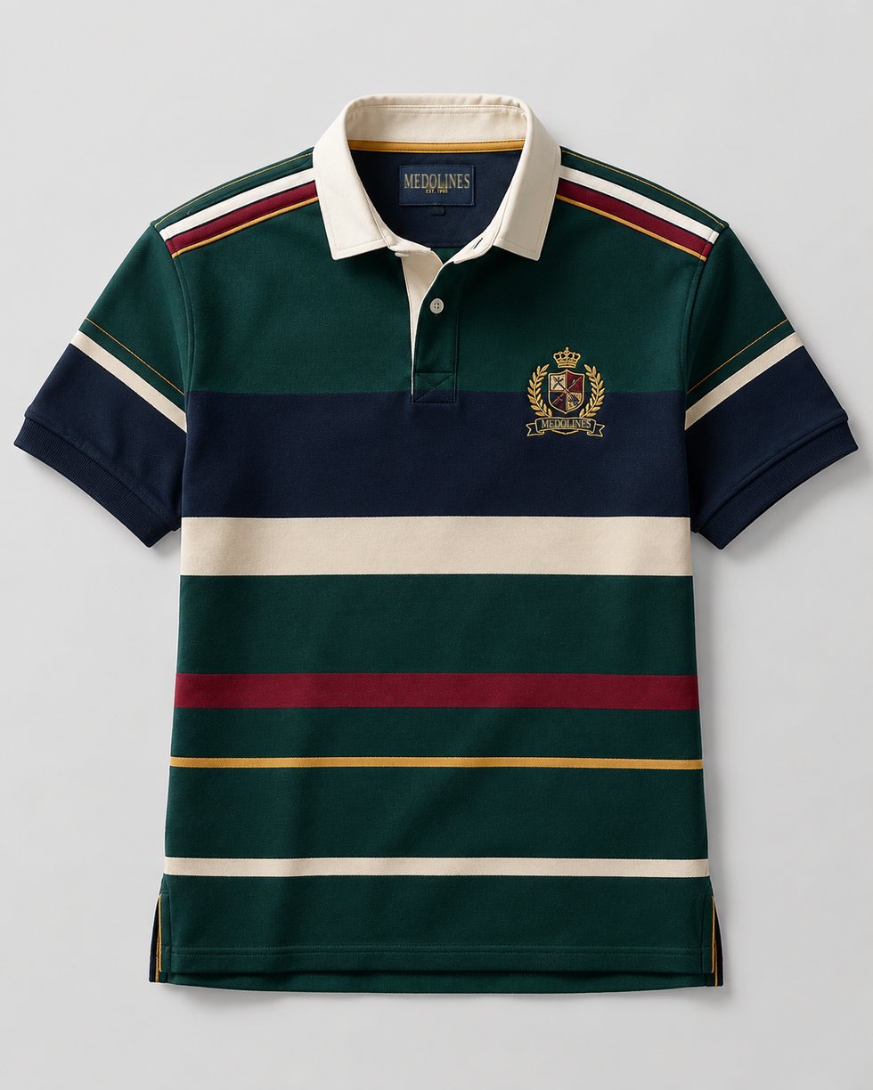 Men's Heritage Stripe Rugby Polo in forest, navy and cream